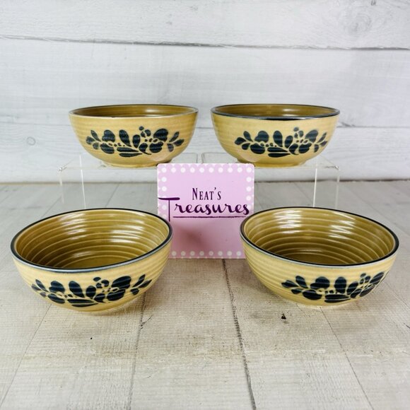 Pfaltzgraff FOLK ART Blue Floral Tan Stoneware USA Soup 5 1/2" Cereal Bowl Set 4 - Picture 1 of 16